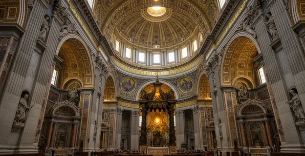 Vue de la coupole et de la façade de la basilique Saint-Pierre depuis la place Saint-Pierre à Rome